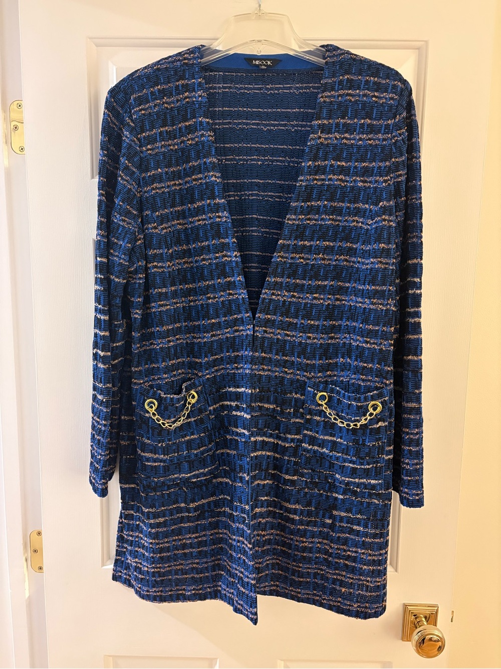 Misook Blue Tweed Long Knit Cardigan with Gold Chain Pockets (size XL)